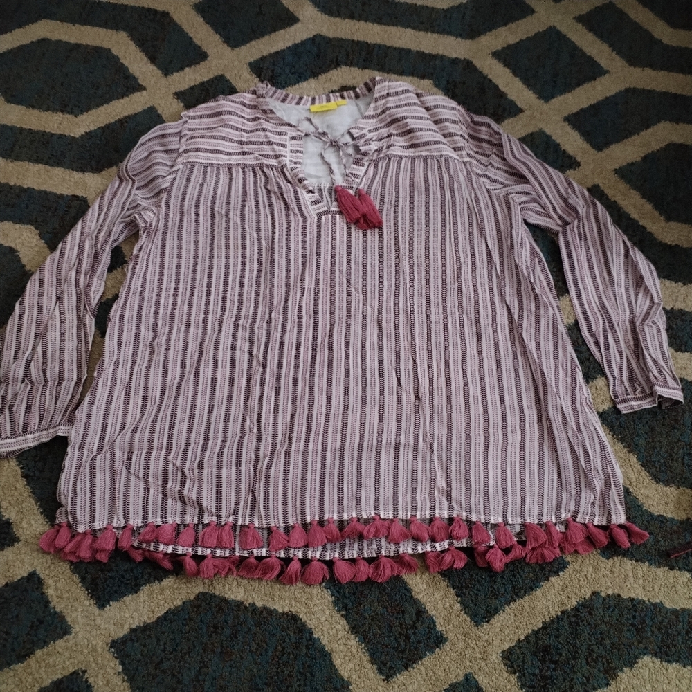 Roller Rabbit Pink and White Striped Blouse with Tassels